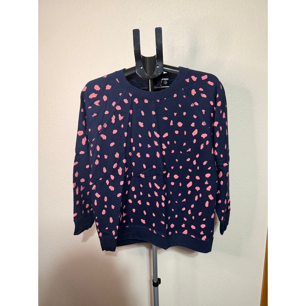 J.Crew Navy Blue Pink Abstract Dot Raglan Crewneck Sweatshirt Womens XL